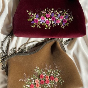 Beige velvet vintage style bag, bag with pink Roses , hand embroidered Clutch , 100% handmade, gift for her image 2