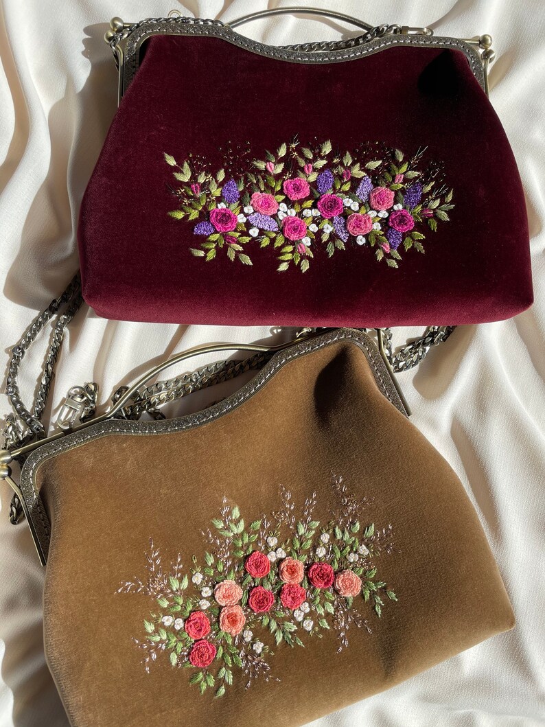 Beige velvet vintage style bag, bag with pink Roses , hand embroidered Clutch , 100% handmade, gift for her image 2