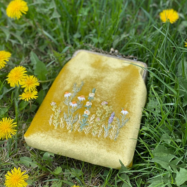 Yellow Velvet Bag with Embroidered Flowers and Metal Chain, top handle bag, vintage evening bag, boho style bag