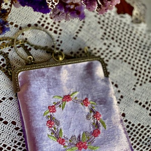 Lilac bag, floral embroidered bag, velvet handbag, Kisslock Bag, Vintage Style Clutch, Evening Bag, vintage bag purse, made in our studio image 8