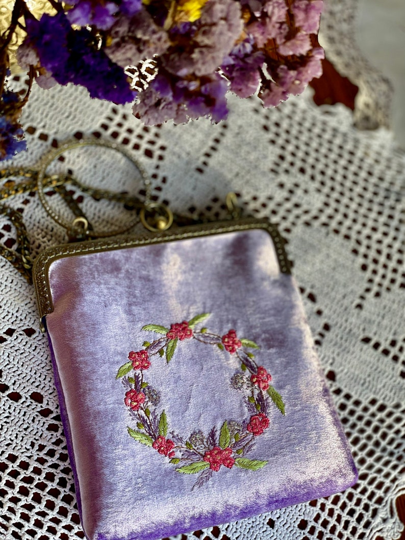 Lilac bag, floral embroidered bag, velvet handbag, Kisslock Bag, Vintage Style Clutch, Evening Bag, vintage bag purse, made in our studio image 8