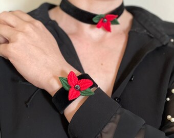 Velvet choker Black Choker embroidered necklace velvet bracelet duos Choker and bracelet