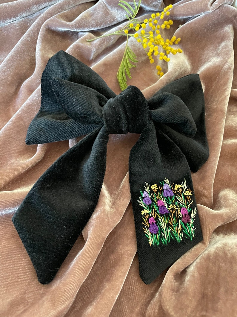 Unique hair bow Velvet hair bow, unique hair items Embroidered hair accessories, flower embroidery Black