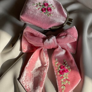 Unique hair bow and purse,Velvet hair bow, unique hair items Embroidered purse hair accessories, flower embroidery image 10