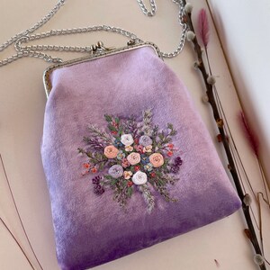 Purple Silk Velvet Bag, Embroidered Flowers and Metal Chain, vintage evening bag, romantic gifts for her, 100% handmade image 10