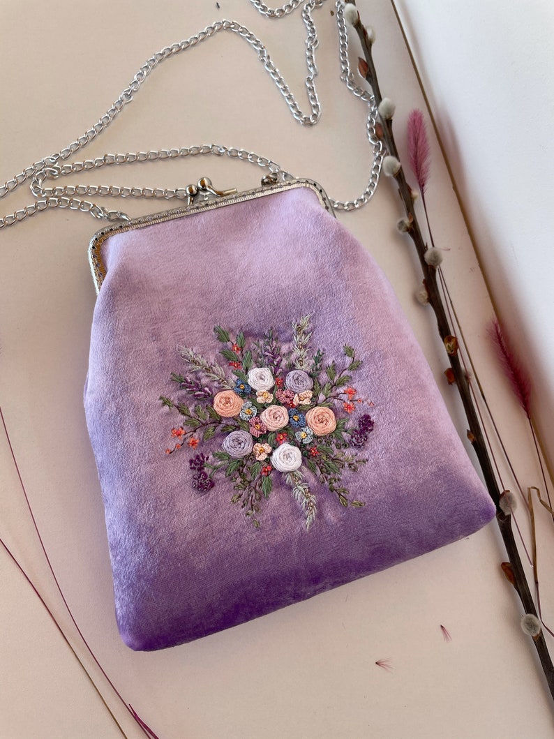 Purple Silk Velvet Bag, Embroidered Flowers and Metal Chain, vintage evening bag, romantic gifts for her, 100% handmade image 10