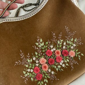 Beige velvet vintage style bag, bag with pink Roses , hand embroidered Clutch , 100% handmade, gift for her image 7