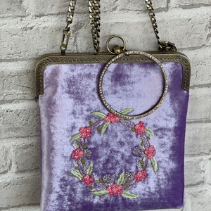 Lilac bag, floral embroidered bag, velvet handbag, Kisslock Bag, Vintage Style Clutch, Evening Bag, vintage bag purse, made in our studio image 3
