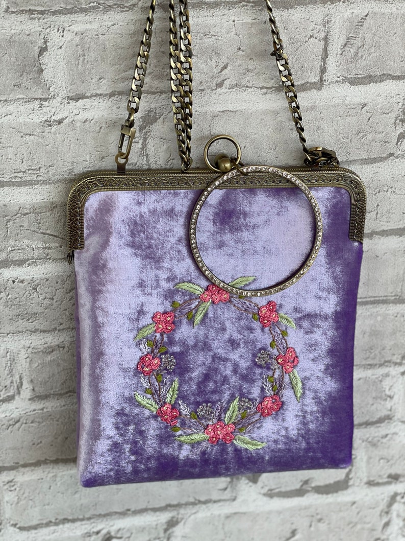 Lilac bag, floral embroidered bag, velvet handbag, Kisslock Bag, Vintage Style Clutch, Evening Bag, vintage bag purse, made in our studio image 3