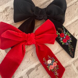 Unique hair bow Velvet hair bow, unique hair items Embroidered hair accessories, flower embroidery image 9