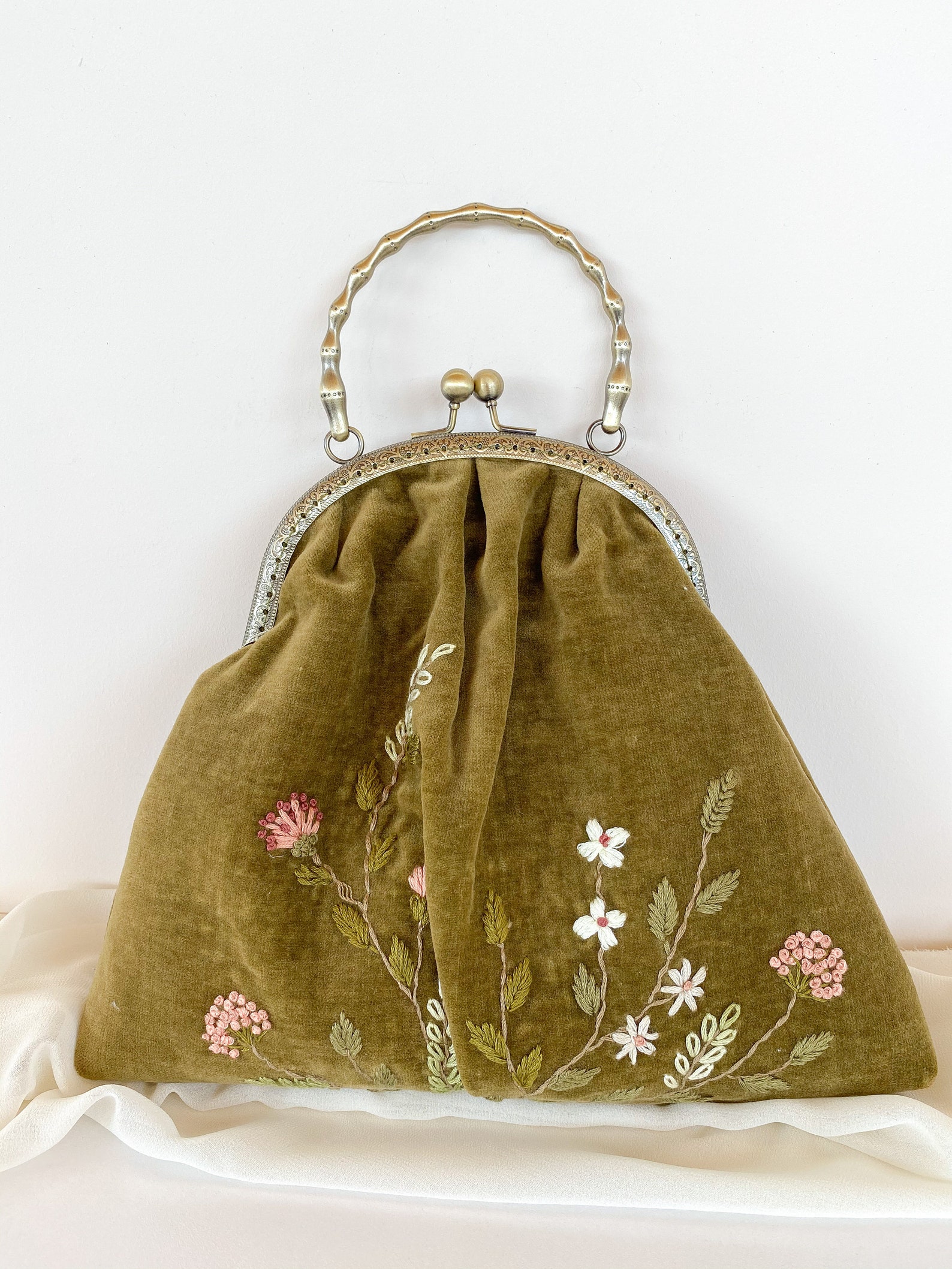 Green Velvet Bag With Embroidered Flowers and Metal Chain Top Etsy