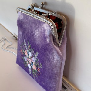 Purple Silk Velvet Bag, Embroidered Flowers and Metal Chain, vintage evening bag, romantic gifts for her, 100% handmade image 5