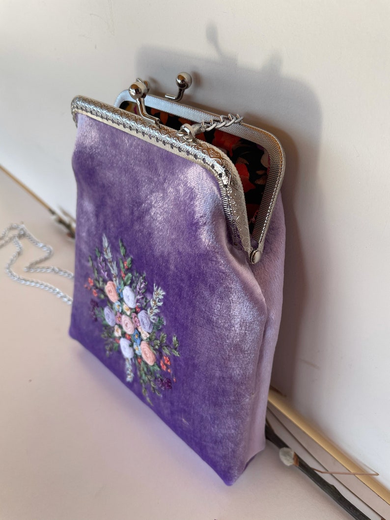 Purple Silk Velvet Bag, Embroidered Flowers and Metal Chain, vintage evening bag, romantic gifts for her, 100% handmade image 5