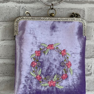 Lilac bag, floral embroidered bag, velvet handbag, Kisslock Bag, Vintage Style Clutch, Evening Bag, vintage bag purse, made in our studio image 2