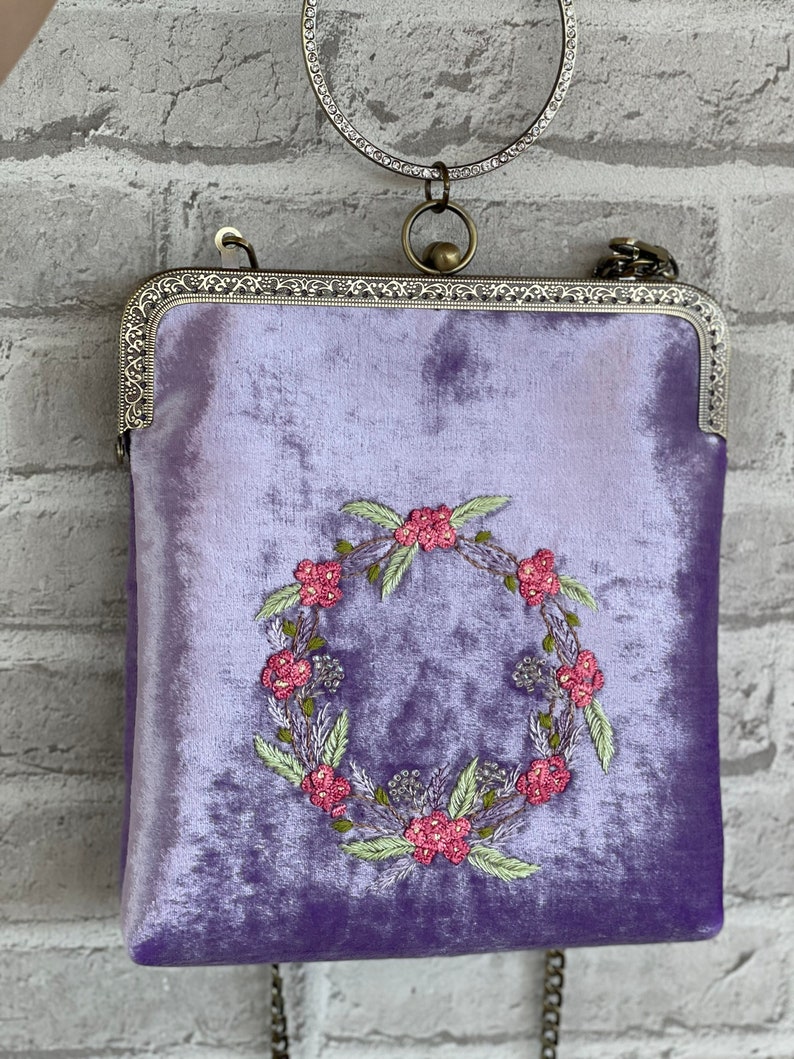 Lilac bag, floral embroidered bag, velvet handbag, Kisslock Bag, Vintage Style Clutch, Evening Bag, vintage bag purse, made in our studio image 2