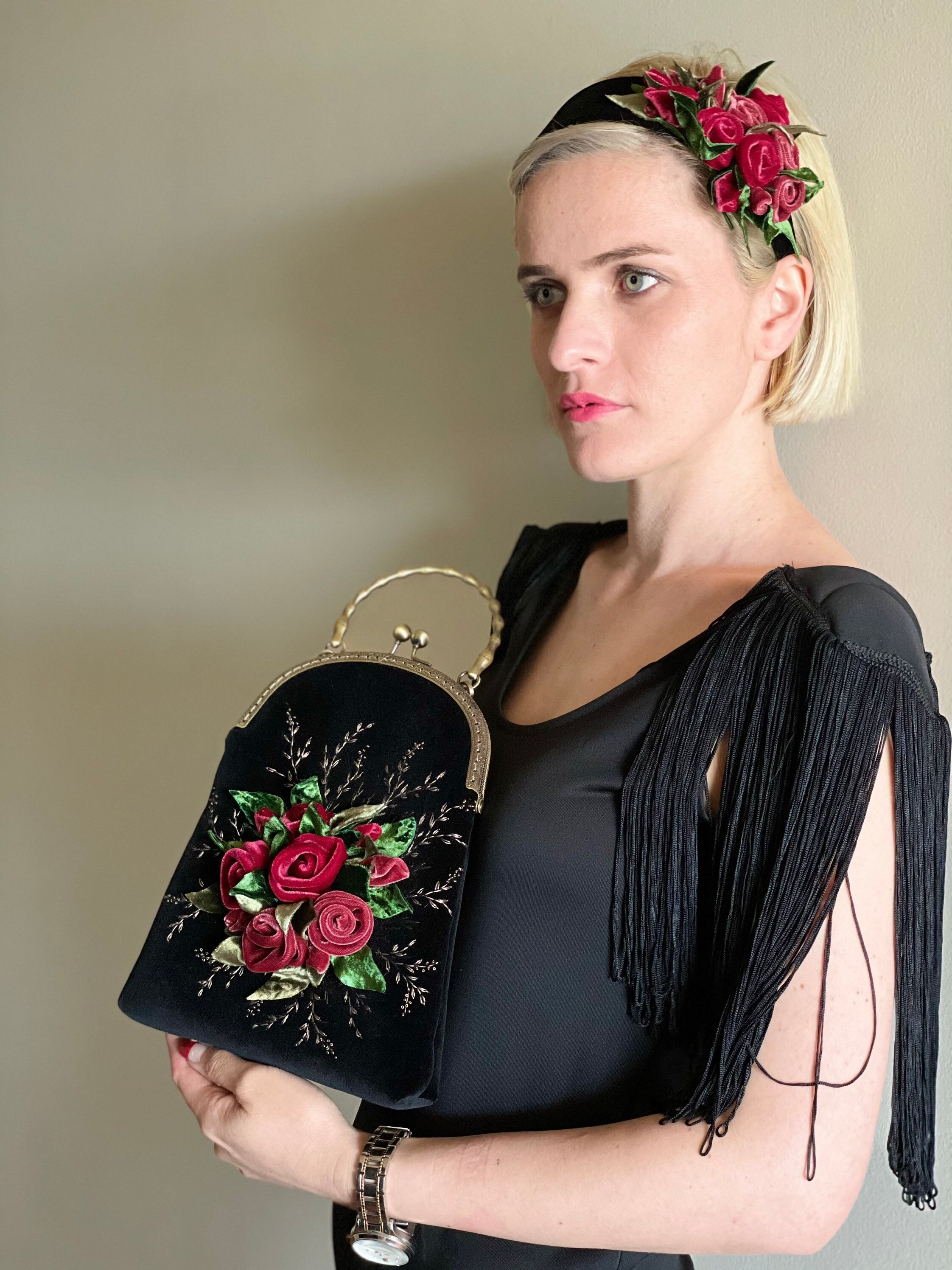 Black Velvet Bag Handmade Embroidery Bag With Metal Frame Etsy