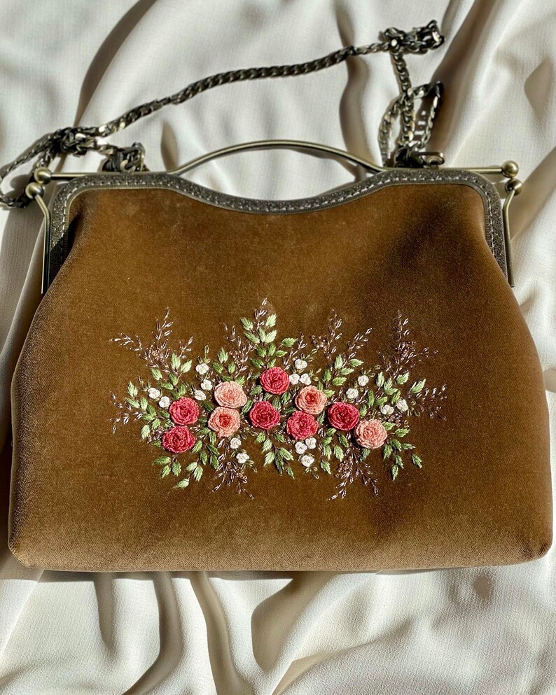 Beige velvet vintage style bag, bag with pink Roses , hand embroidered Clutch , 100% handmade, gift for her image 10