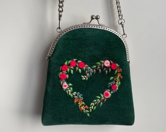 Crossbody green Velvet bag, valentines day gift,  when calls the heart, romantic gifts for her, Vintage Style Clutch, Evening Bag