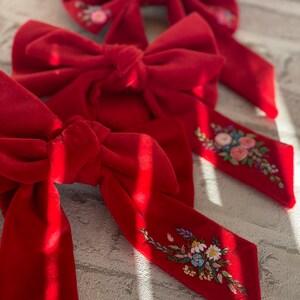 Unique hair bow Velvet hair bow, unique hair items Embroidered hair accessories, flower embroidery image 2