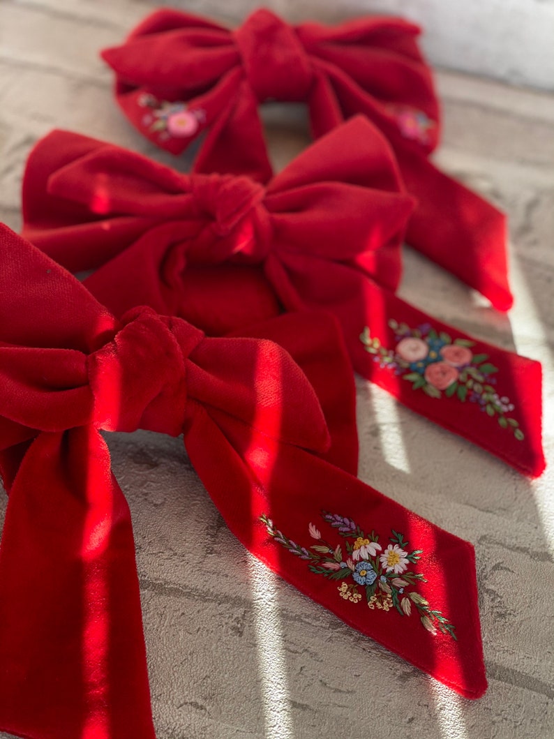 Unique hair bow Velvet hair bow, unique hair items Embroidered hair accessories, flower embroidery Red