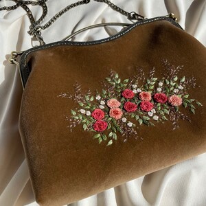 Beige velvet vintage style bag, bag with pink Roses , hand embroidered Clutch , 100% handmade, gift for her image 5