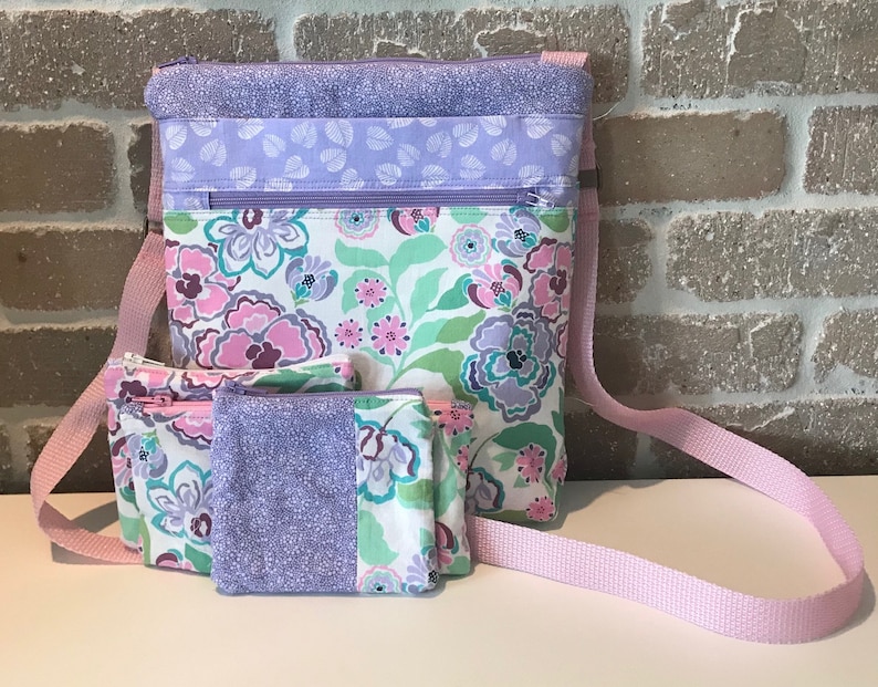 Lavendar Pink and Green Cross Body Bag with Accessory Pouches