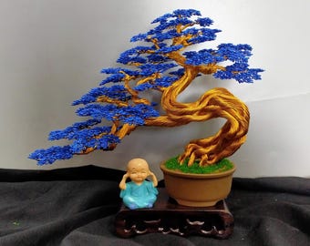 Tall Twisted Wire Bonsai Tree – Sapphire Blue Leaves, Feng Shui Office Decor