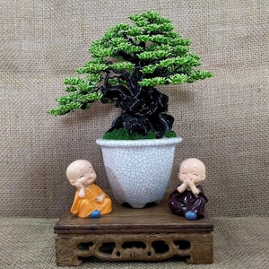 Puede incluir: Un bonsái decorativo con follaje verde brillante y tronco oscuro, plantado en una maceta de cerámica blanca con esmalte craquelado. Dos pequeñas figuras de monjes, una con túnica naranja y otra marrón oscuro, se sientan sobre una base de madera.