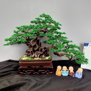 Large Wire Bonsai Tree with Four Monk Figurines – Handmade Faux Bonsai Sculpture, Zen Home Decor, Meditation Desk Ornament