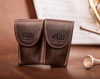 French Horn mouthpiece pouch | KGUBrass DOUBLE mouthpiece case | Brown Black Crazy horse natural leather| Magnet | Vintage style