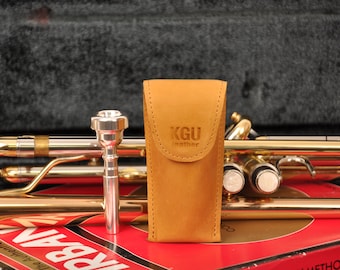 Trumpet mouthpiece pouch ORANGE (Kadis) | KGUBrass SINGLE mouthpiece case | Crazy horse natural leather| Magnet locker | Vintage style