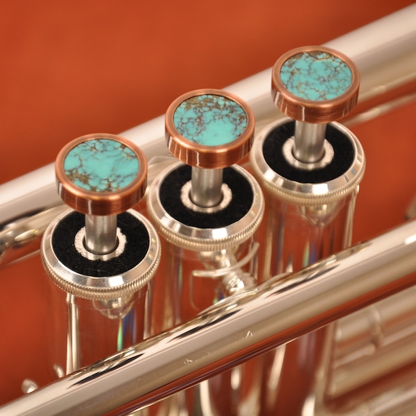 LIGHT Trumpet Finger Buttons Antique Copper Lacquer w Natural stones. For B, C, Es, Trumpets, piccolo trumpet, pocket trumpet and flugelhorn