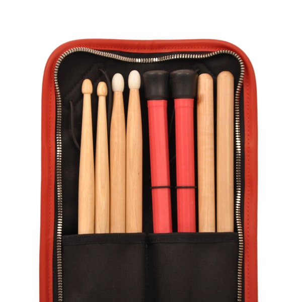 Handgemachte Drumstick Tasche, kompakte Ledertasche mit Schultergurt, Canvas Halter für Drumsticks, Geschenk für Drummer (Rot)