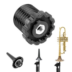 May include: A black 3D-printed trumpet mute holder with a threaded body and a hexagonal nut. The image also shows a gold trumpet and two black trumpet mute stands, all against a white background.