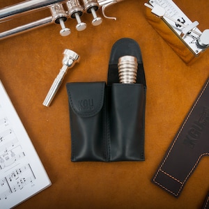 Trumpet mouthpiece pouch  KGUBrass DOUBLE handmade BLACK Crazy Horse Leather | 2 mouthpieces case | Perfect gift for trumpet musician