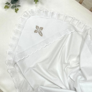 White christening towel with embroidered cross, Baby baptism towel with lace trim, Orthodox blessing blanket, Catholic baptism gift