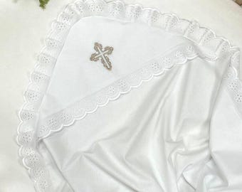 Toalla blanca de bautizo con cruz bordada, toalla de bautizo para bebé con ribete de encaje, manta de bendición ortodoxa, regalo de bautizo católico