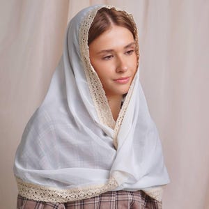 White headscarf with beige lace trim, Lightweight church veil mantilla, Soft religious chapel cover for women