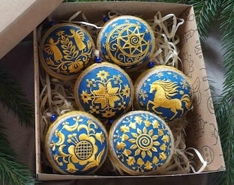 Adornos navideños ucranianos azules y amarillos, juego de 6 adornos étnicos bordados para árbol de Navidad, adornos navideños de Año Nuevo