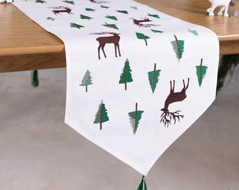 Reindeer & Pine tree holiday table runner, Embroidered Christmas table runner with winter woodland décor, Festive table linen for Christmas