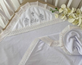 Personalized baptism towel, Embroidered christening blanket, Baptism gift, Christening towel, Christening gift, Name & Cross with Angels