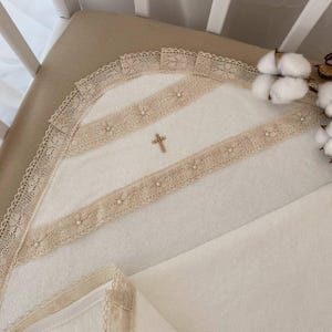 Hooded baptism towel, Baby christening towel, Baby baptism towel, Embroidered soft terry cloth christening blanket with Lace, Personalized