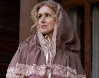 Vintage-style brown veil, Lace hooded cape, Elegant women’s shawl with ribbon tie, Handmade traditional covering