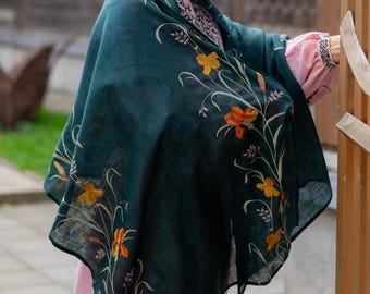 Green linen shawl with colorful floral embroidery, Handmade embroidered folk scarf, Ethnic wrap for women gift idea