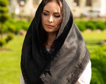 Foulard mantille en voile orthodoxe en dentelle noire avec bordure au crochet, couvre-chef léger de chapelle d'église pour la prière, le culte et une usure modeste