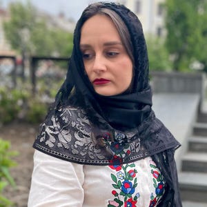 Black Spanish mantilla veil with floral lace and fringe trim – Elegant head covering for church, mass or religious occasions