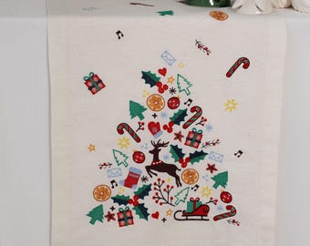 Kersttafelloper Noel, geborduurd feestelijk linnen tafeldecor, rustiek vakantietafelblad, winterkerstboom en borduurwerk rendieren