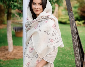 Ivory bridal shawl, Floral embroidered shawls and wraps for women, Linen summer scarf with floral embroidery, Wildflower wrap, Gift for mom