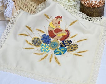 Embroidered easter napkin, Easter basket cover with chicken & eggs embroidery, Embroidered Christian pascha decor, Easter table decoration