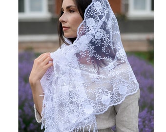 Pañuelo católico, Pañuelo de encaje blanco, Pañuelo de iglesia color marfil, Velo de capilla ortodoxa, Cubierta para la cabeza, Pañuelo de boda, Regalo para mamá